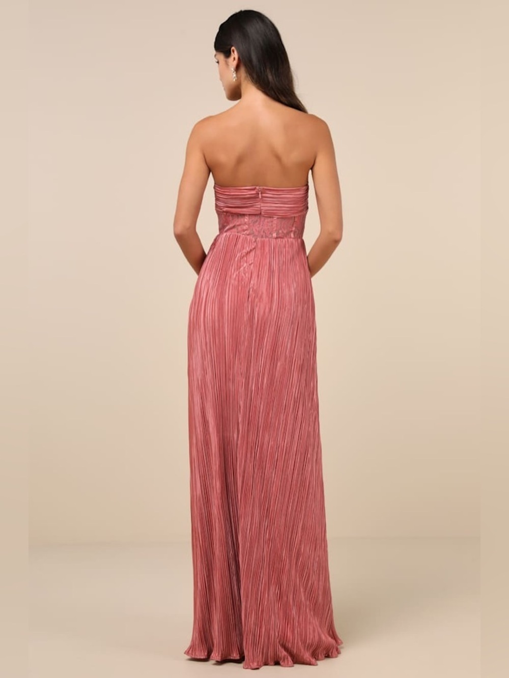 LULU’S Desme Rose Pink Satin Plisse Strapless Maxi Dress - Picture 2 of 5